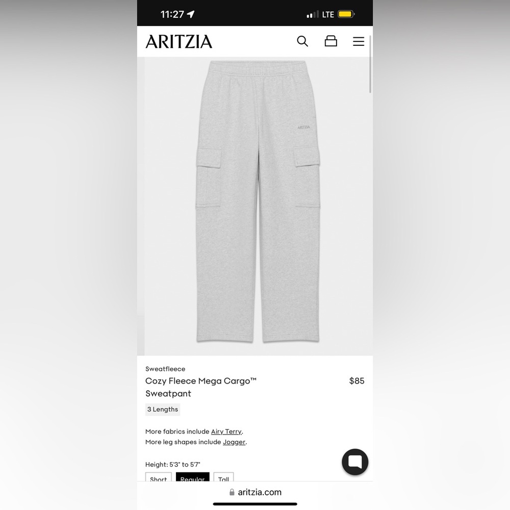 Size L aritzia cargo sweatpants
